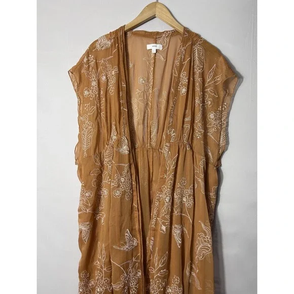 Aeom Coatigan Womens Large Brown Embroidered Sheer Kimono Butterfly Floral - Picture 2 of 11